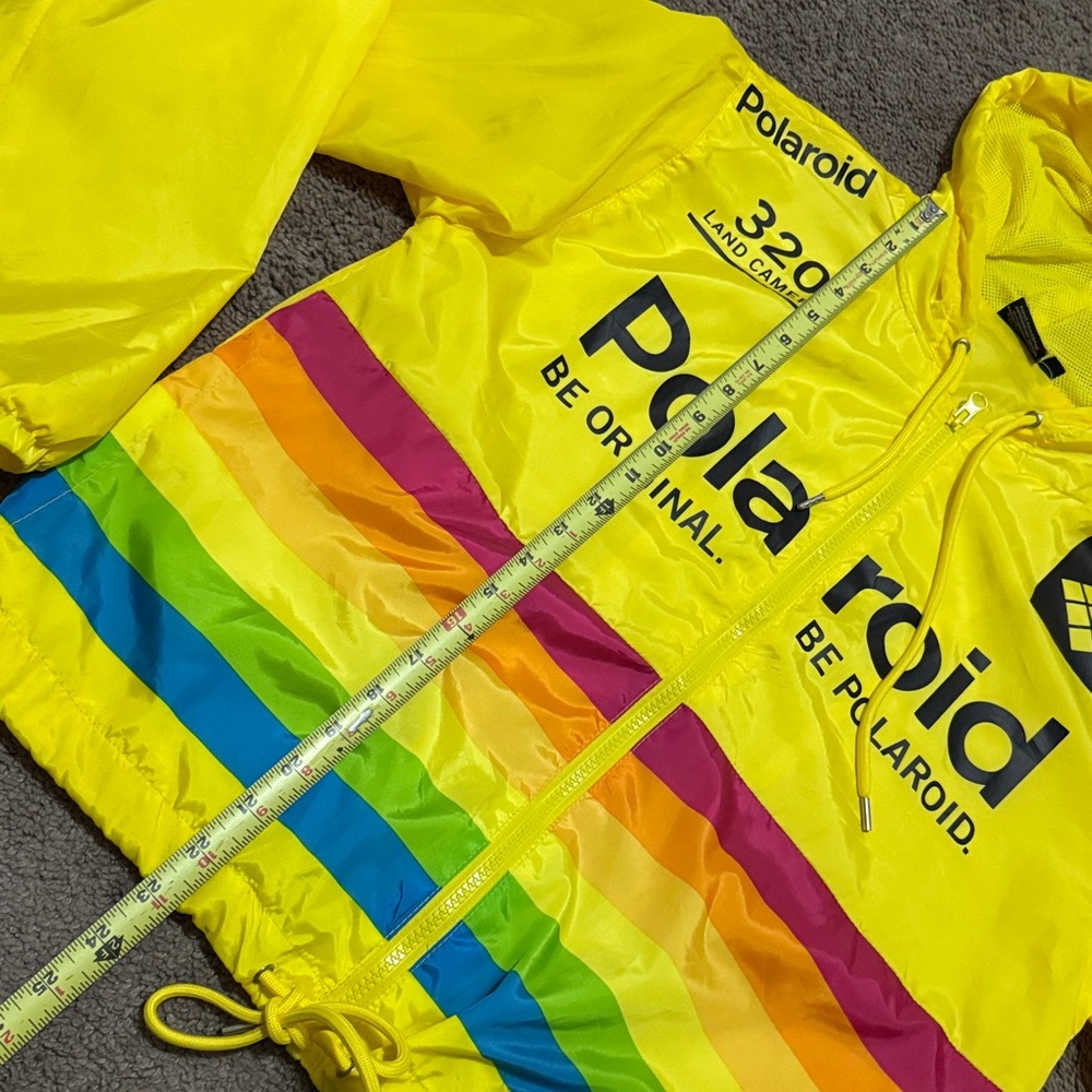 Wmns-L-Polaroid Windbreaker-Yellow Multi Color Stripe-Pockets-Drawstring Waist - Picture 9 of 15